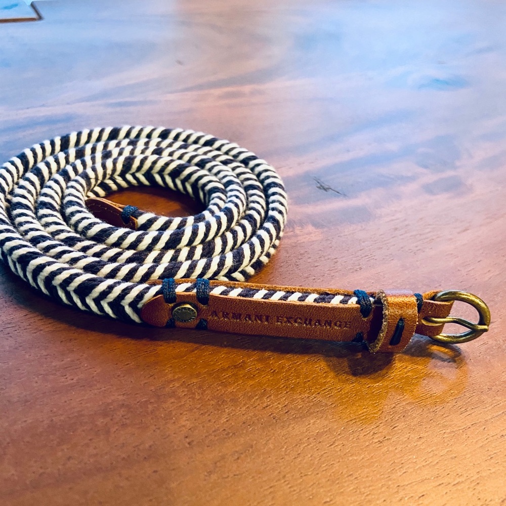 Armani Exchange Navy Blue and White Striped Belt with Brown Accents